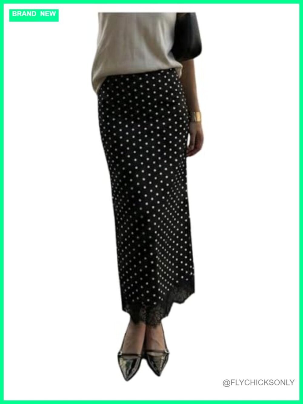 Polka Dots Fishtail Maxi Skirt Lace Trim High Waisted Bodycon Long Skirt